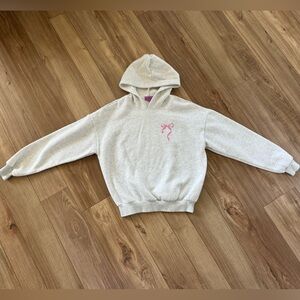 Edikted Light Gray Hoodie with Pink Bow Script Accent